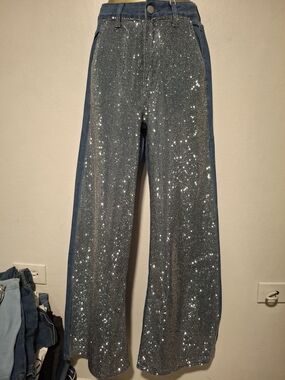 Blue Sequin Wide-Leg Jeans